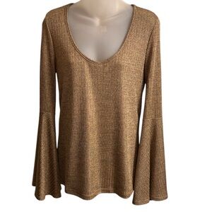 Band of Gypsies Boho Bell Sleeve Metallic Gold Shimmer Top Medium